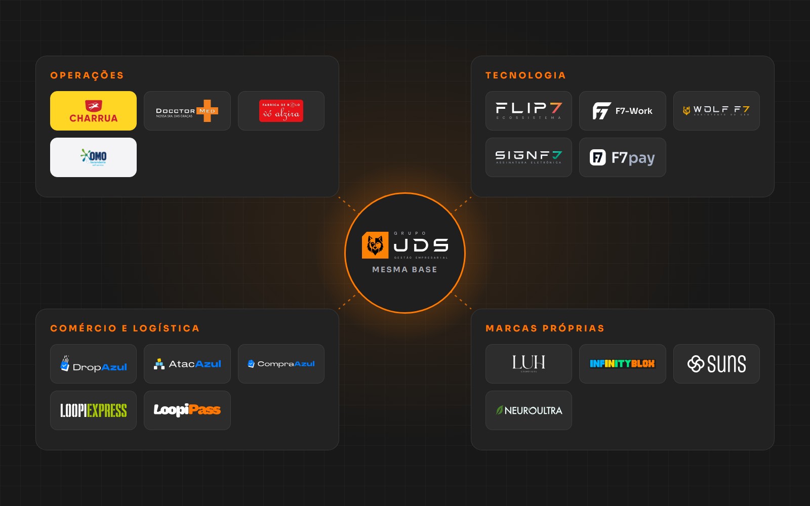 Diagrama do ecossistema: o Grupo JDS no centro, ligado às frentes Operações, Tecnologia, Comércio e logística e Marcas próprias, com as logos das empresas.